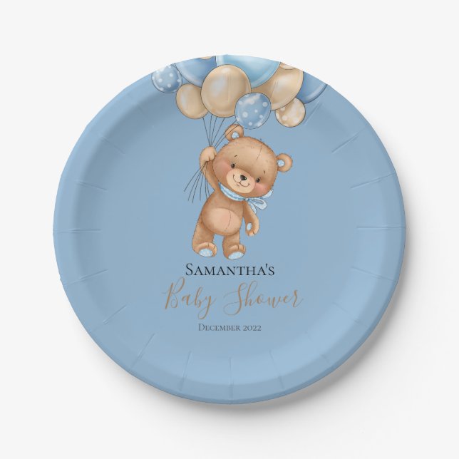 Teddy Bear Balloon Blue Paper Plates (Front)
