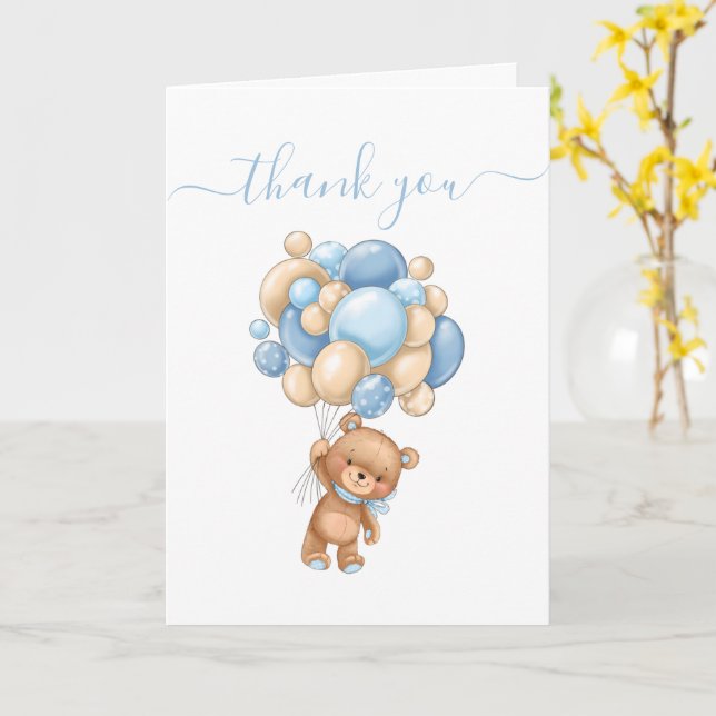 Teddy Bear Balloon Blue Thank You  Card (Yellow Flower)