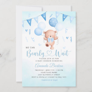 Teddy bear balloon Boho watercolor baby shower boy Invitation
