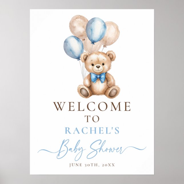 Teddy Bear Balloon Boy Baby shower Affiche de bien (Devant)