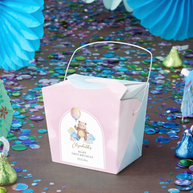 Teddy Bear Balloon Clouds Beary First Birthday Favor Box (Party)
