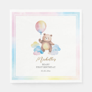 Teddy Bear Balloon Clouds Beary First Birthday Napkin