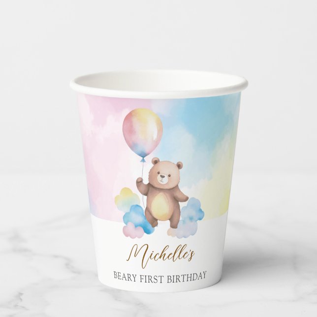 Teddy Bear Balloon Clouds Beary First Birthday Paper Cups (Back)