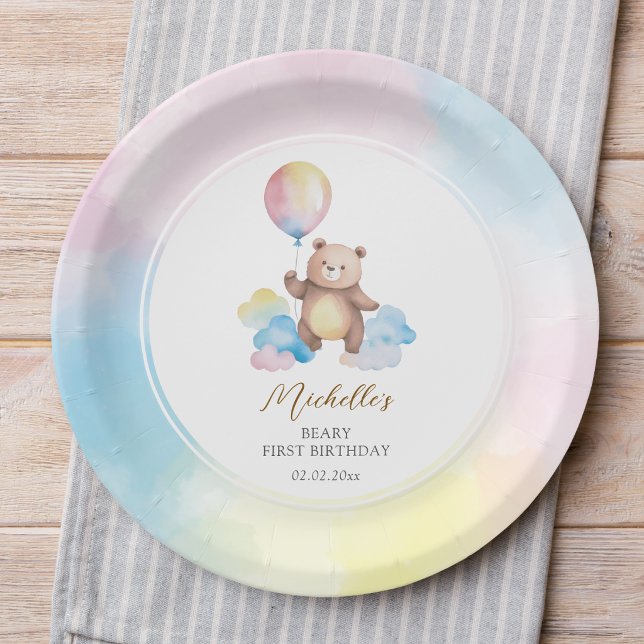 Teddy Bear Balloon Clouds Beary First Birthday Paper Plate (Creator Uploaded)