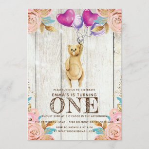 Teddy Bear Balloon First Birthday Rustic Invitation