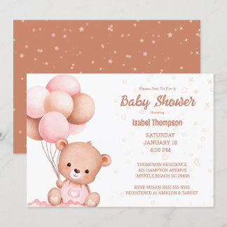   Teddy Bear Balloon Girls  Baby Shower Invitation