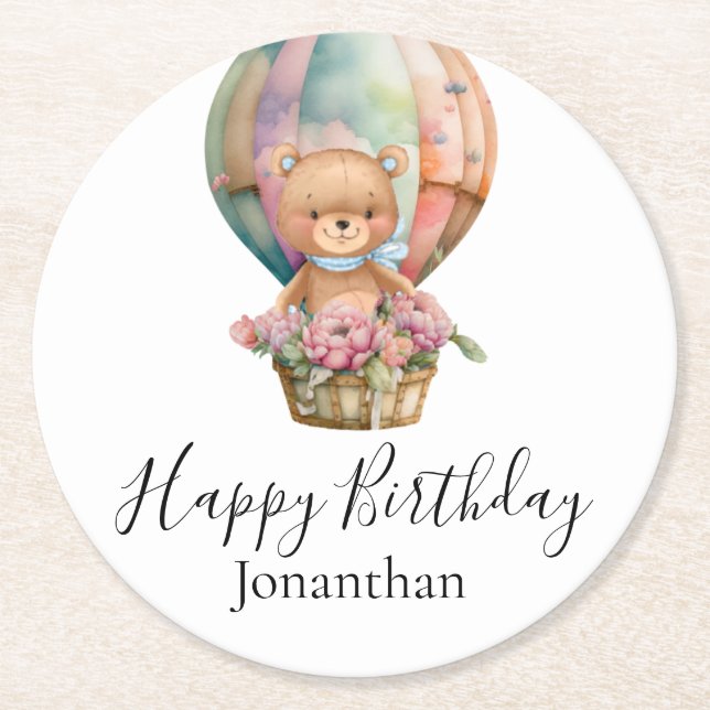 Teddy Bear Balloon Happy Birthday Round Paper Coaster (Front)