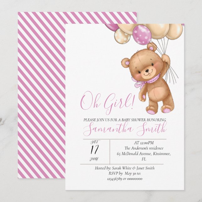 Teddy Bear Balloon Invitation (Front/Back)