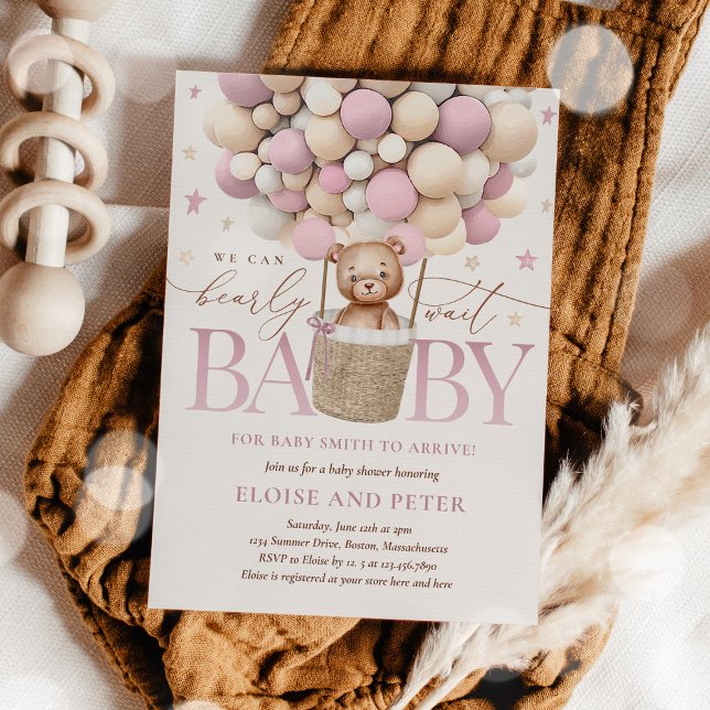 Teddy Bear Balloon Mauve Pink Girl Baby Shower Invitation (Creator Uploaded)