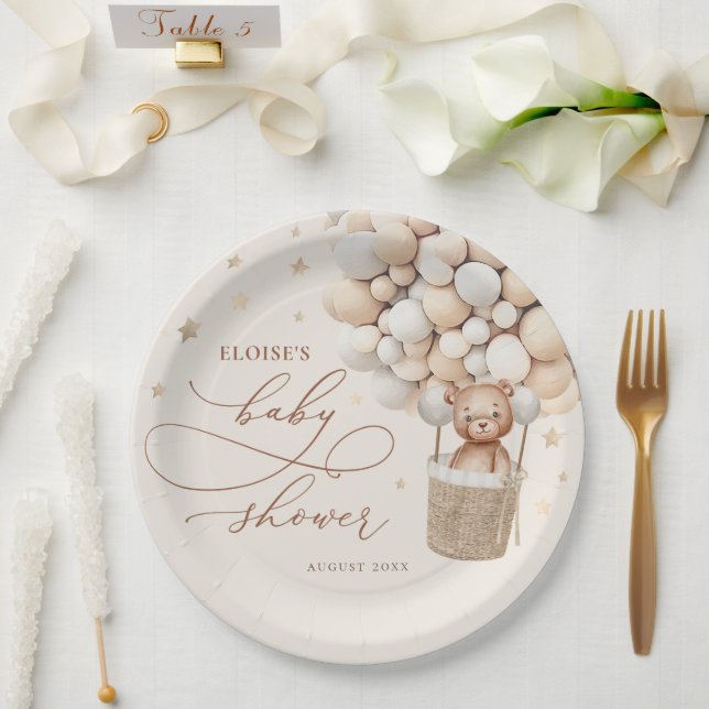 Teddy Bear Balloon Neutral Bearly Wait Baby Shower Paper Plate (Wedding)
