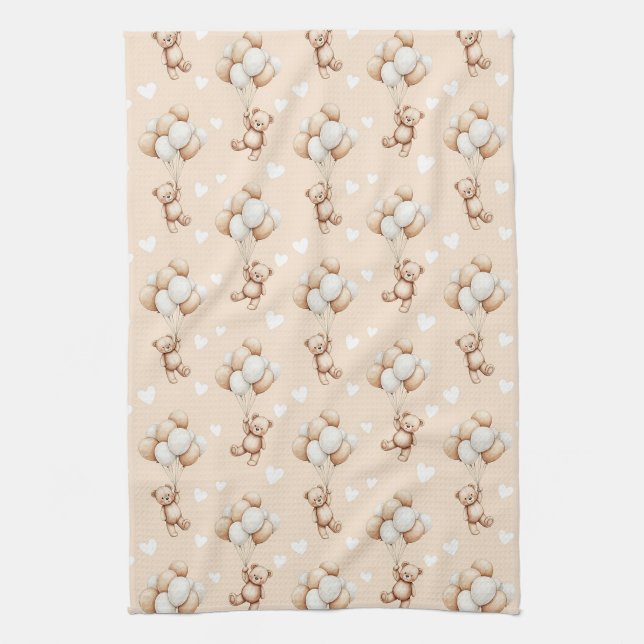 Teddy Bear Balloon Neutral Watercolor Pattern Kitchen Towel (Vertical)