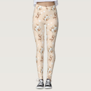 Teddy Bear Balloon Neutral Watercolor Pattern Leggings