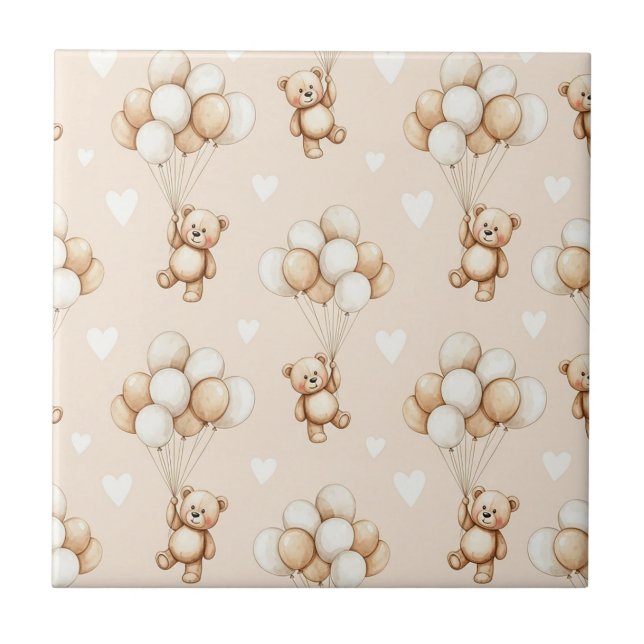 Teddy Bear Balloon Neutral Watercolor Pattern Tile (Front)