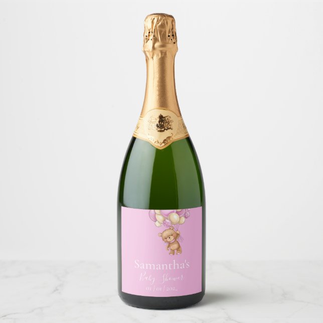 Teddy Bear Balloon Pink baby shower Sparkling Wine Label (Front)