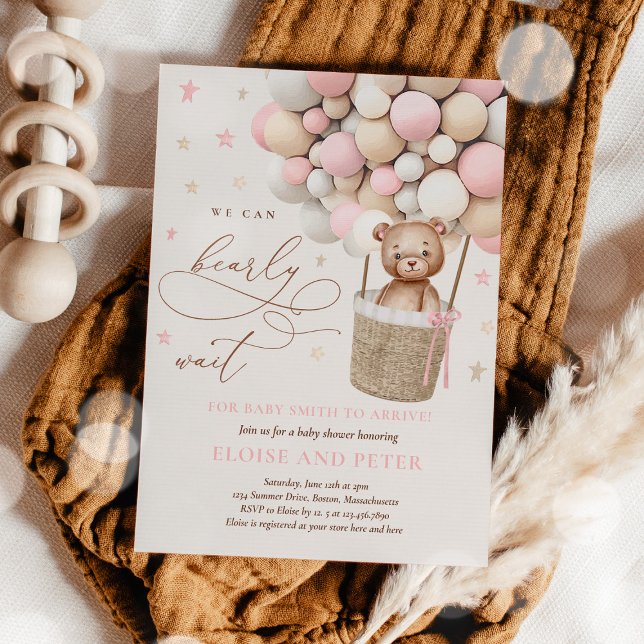 Teddy Bear Balloon Pink Bearly Wait Baby Shower Invitation (Creator Uploaded)
