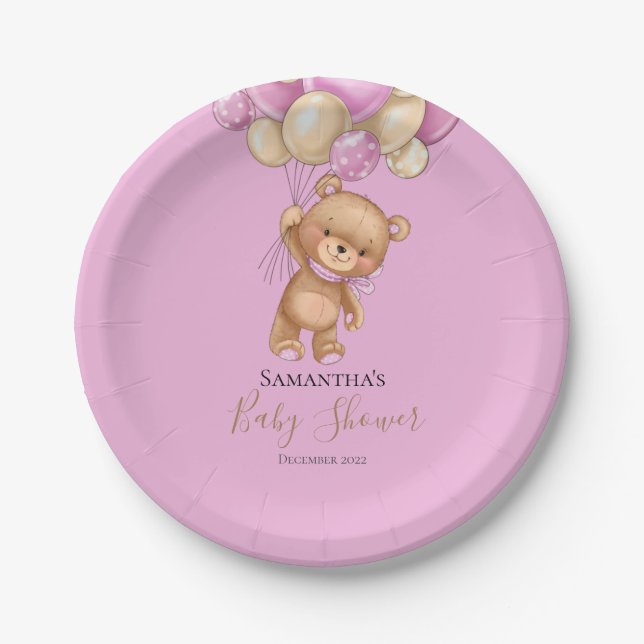 Teddy Bear Balloon PINK Paper Plate (Front)