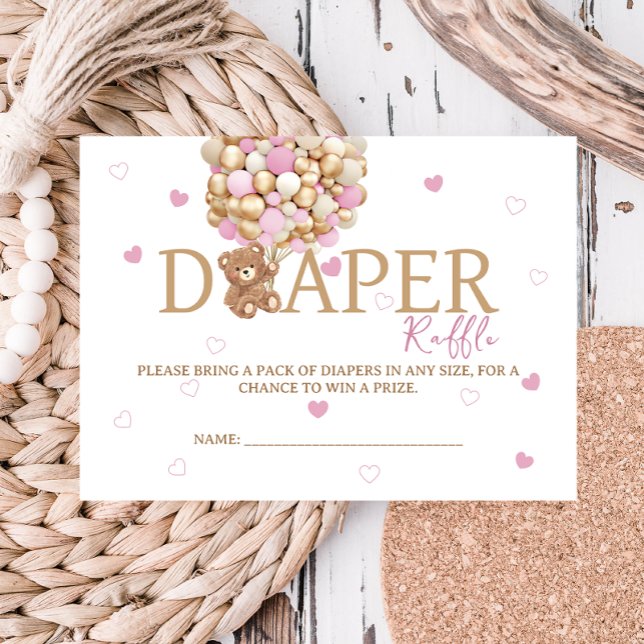 Teddy Bear Balloon Themed Diaper Raffle Pink Enclosure Card (Creator Uploaded)
