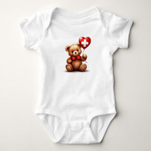 teddy bear & balloon with the Swiss flag. Baby Bodysuit