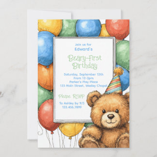 Teddy Bear Balloons 1st Birthday Invitation