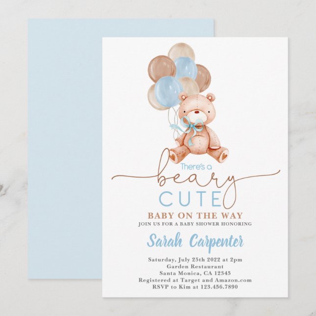 Teddy Bear Balloons Baby Shower Boy Invitation (Front/Back)