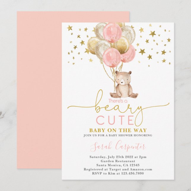 Teddy Bear Balloons Baby Shower Girl Invitation (Front/Back)