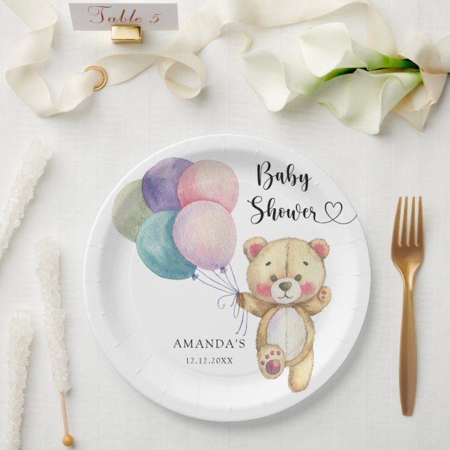 Teddy bear balloons - Baby Shower Paper Plate (Wedding)