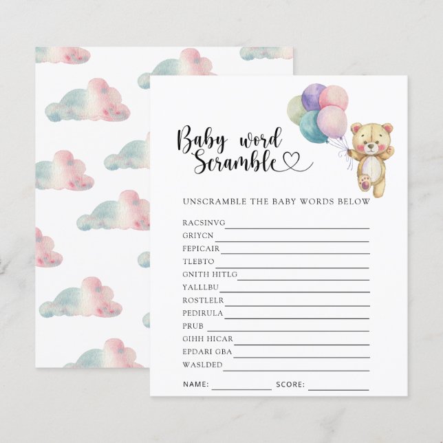 Teddy bear balloons - Baby Word Scramble Game (Front/Back)