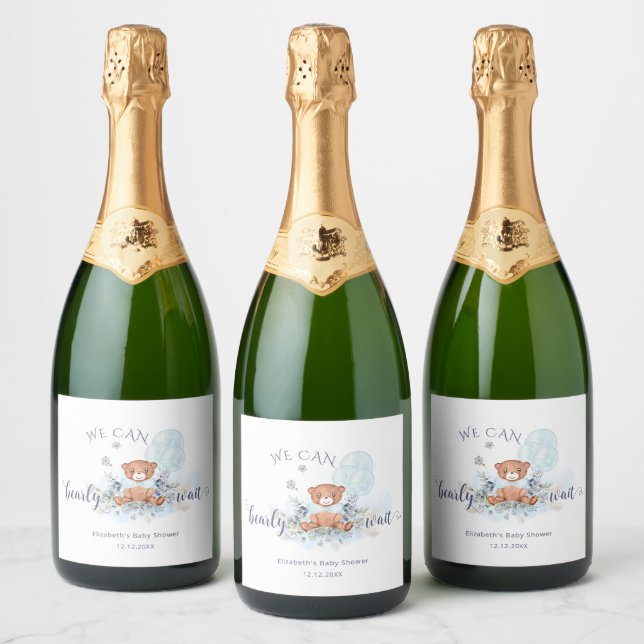 Teddy Bear Balloons Bearly Wait Boy Baby Shower Sparkling Wine Label (Bottles)