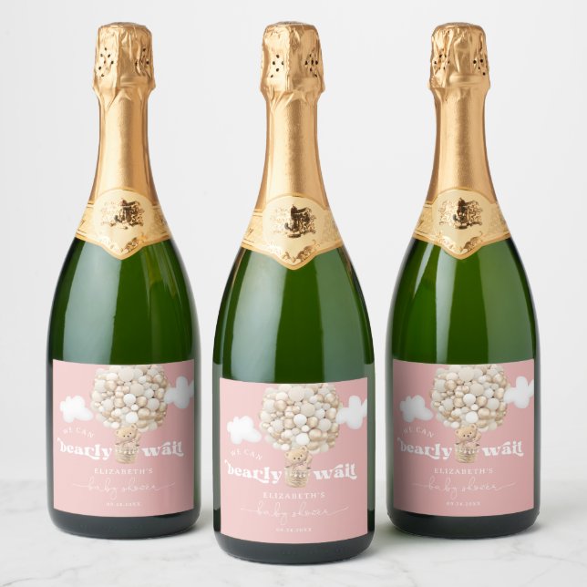 Teddy Bear Balloons Bearly Wait Girl Baby Shower Sparkling Wine Label (Bottles)