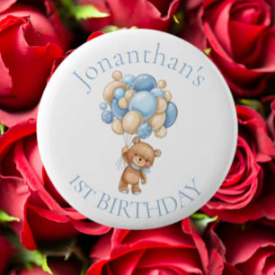 Teddy Bear Balloons Blue 1st Birthday 2 Inch Round Button