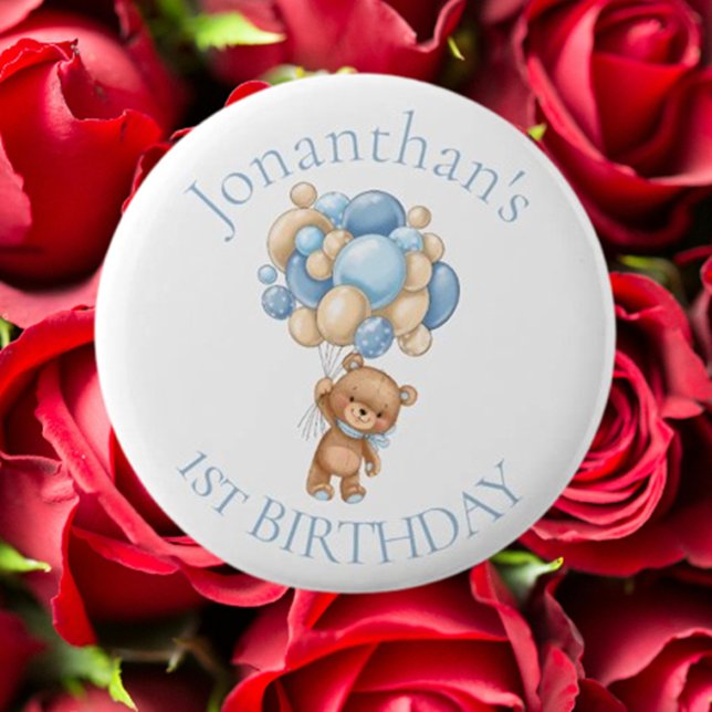 Teddy Bear  Balloons Blue 1st Birthday  2 Inch Round Button (Celebrate your baby's first birthday with an adorable blue teddy bear balloons button)