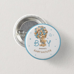 Teddy Bear Balloons Blue Baby Boy Shower Favour 1 Inch Round Button