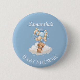 Teddy Bear Balloons Blue Baby Shower Button
