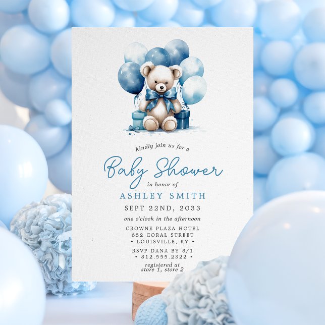 Teddy Bear Balloons Blue Boy Baby Shower Invitation (Creator Uploaded)