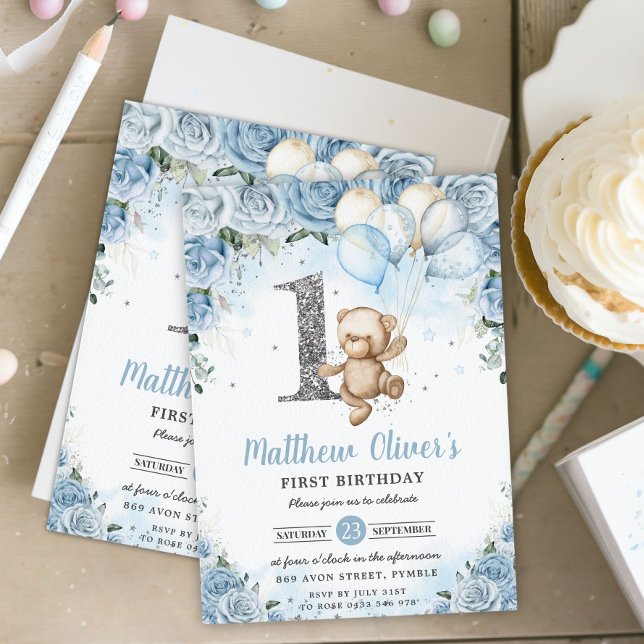 Teddy Bear Balloons Blue Floral First 1st Birthday Invitation (Creator Uploaded)