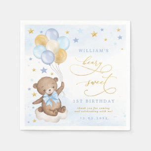Teddy Bear Balloons Blue Gold Stars Birthday Party Napkin