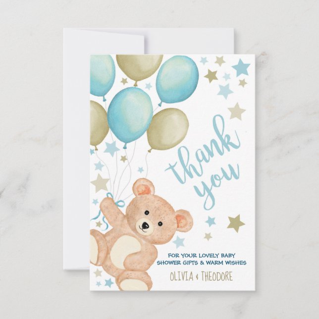 Teddy Bear Balloons Boy Baby Shower Thank You Card (Front)