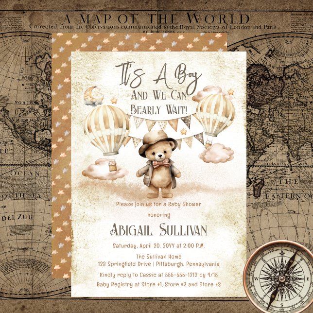 Teddy Bear Balloons Boy Bearly Wait Baby Shower Invitation ("It's A Boy and We Can Bearly Wait!" Teddy Bear | Hot Air Balloons Natural Baby Shower Invitation)