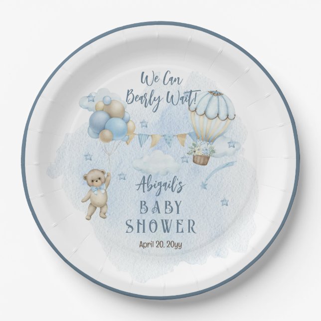 Teddy Bear Balloons Boy Bearly Wait Baby Shower Paper Plate (Front)