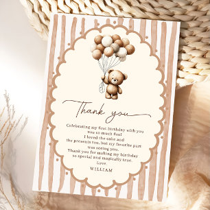 Teddy Bear Balloons Brown Stripes Birthday Thank You Card