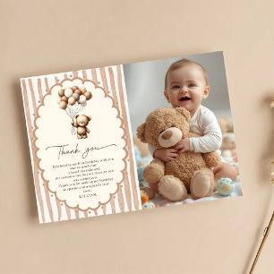 Teddy Bear Balloons Brown Stripes Birthday Thank You Card