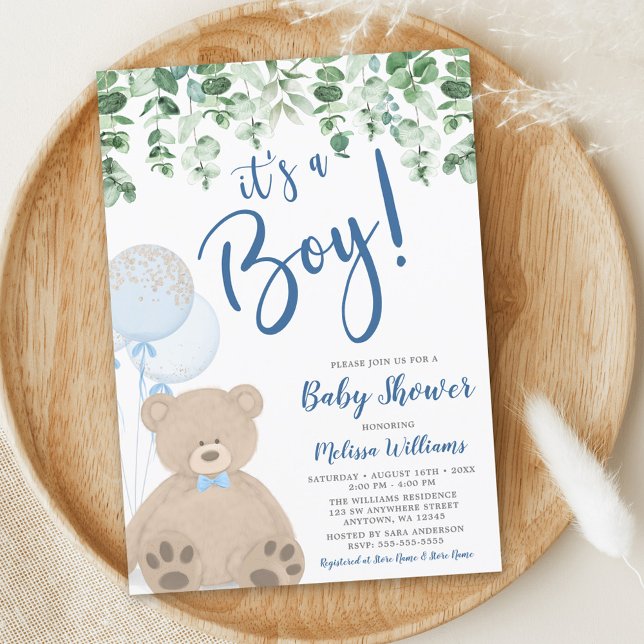 Teddy Bear Balloons Eucalyptus Boy Baby Shower Invitation (Creator Uploaded)