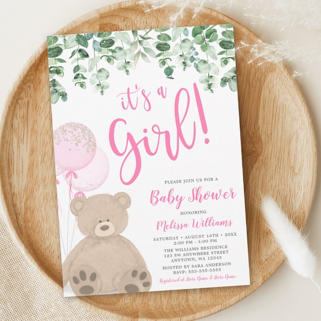 Teddy Bear Balloons Eucalyptus Girl Baby Shower Invitation (Creator Uploaded)