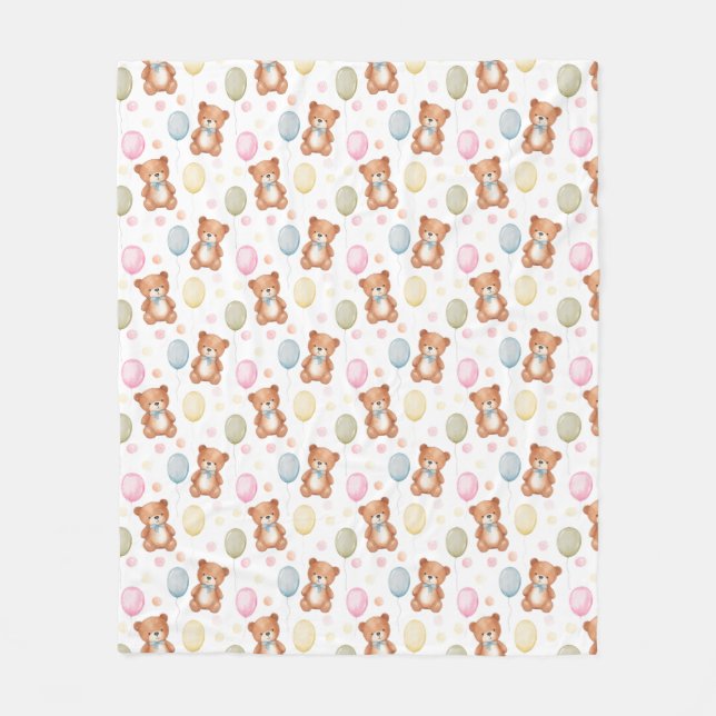 Teddy Bear & Balloons Fleece Blanket – Soft & Cozy (Front)