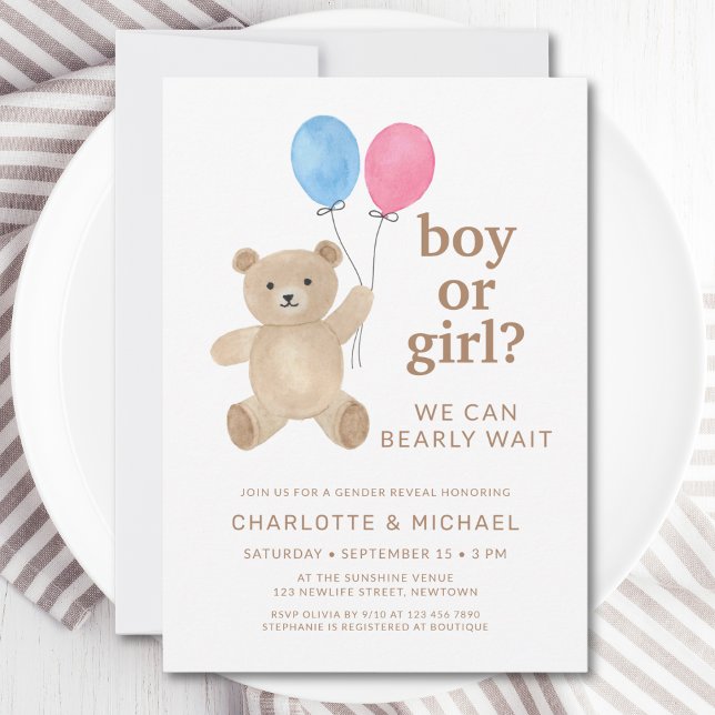 Teddy Bear Balloons Gender Reveal Invitation (Creator Uploaded)