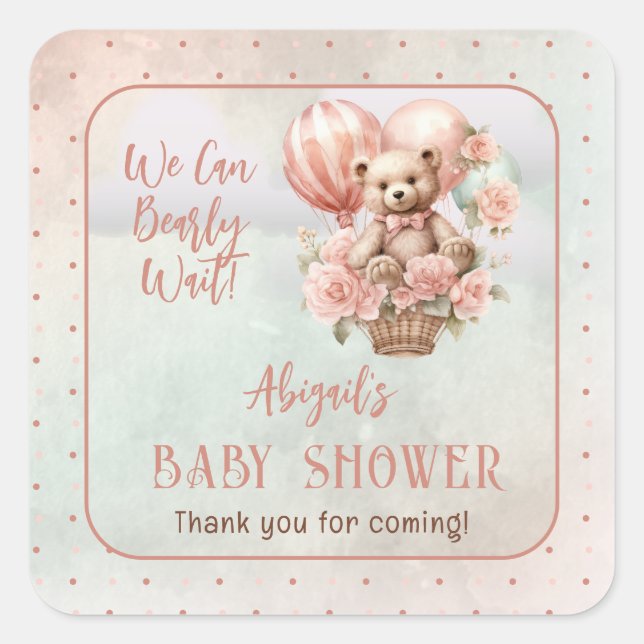 Teddy Bear Balloons Girl Bearly Wait Baby Shower Square Sticker (Front)