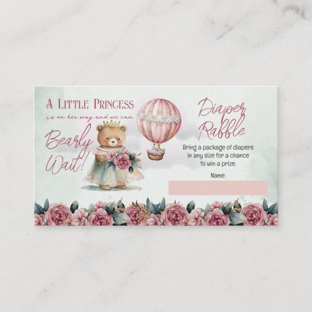 Teddy Bear Balloons Girl Bearly Wait Diaper Raffle Enclosure Card (Front)