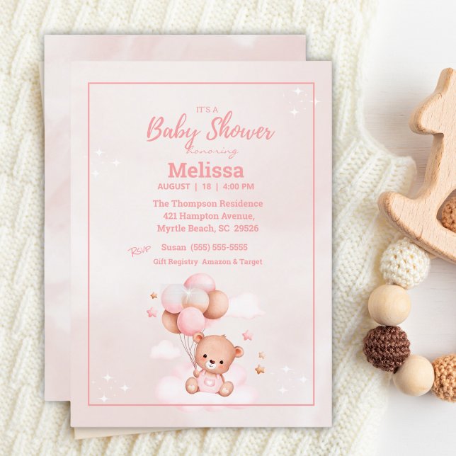 Teddy Bear Balloons Girls Baby Shower Invitation (Creator Uploaded)