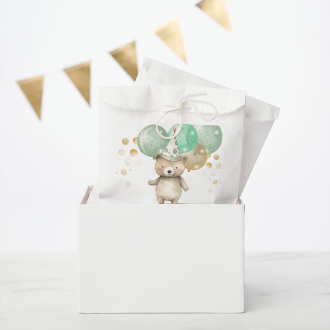 Teddy Bear Balloons Green Gold Baby Shower Favour Bag (Party)
