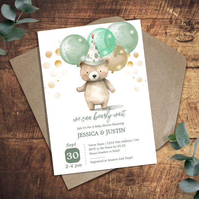 Teddy Bear Balloons Green Gold Baby Shower Invitation (Creator Uploaded)